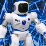 Advanced humanoid robot with glowing blue accents in a digital network setting.